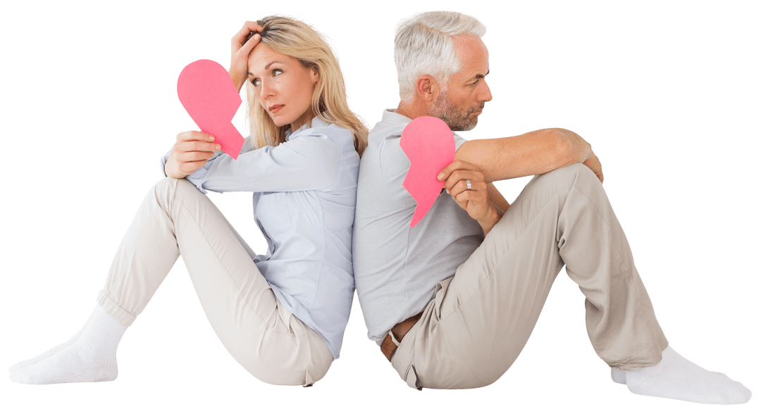 Unhappy Couple with Broken Heart and Transparent Background