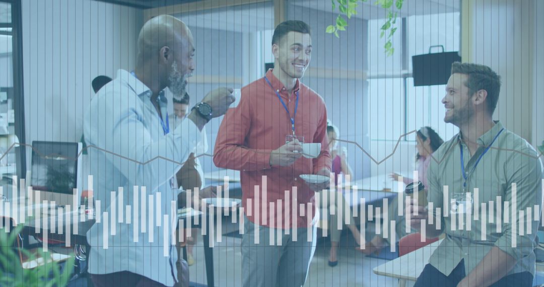 Business Team Engaging in Lively Discussion with Financial Data Overlay