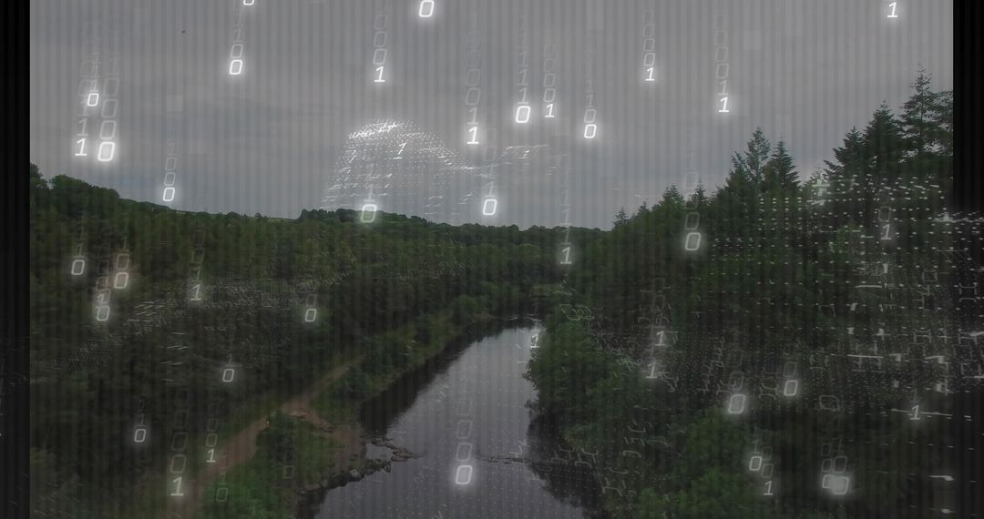 Fusion of Natural Wilderness With Digital Binary Stream Overlay