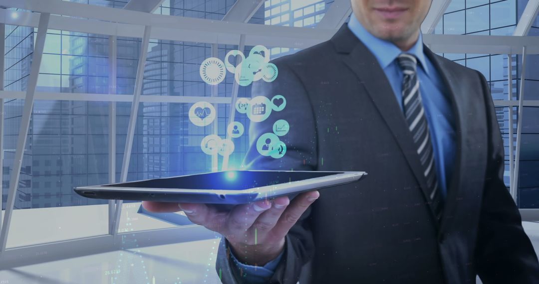 Businessman Displaying Digital Financial Data on Tablet