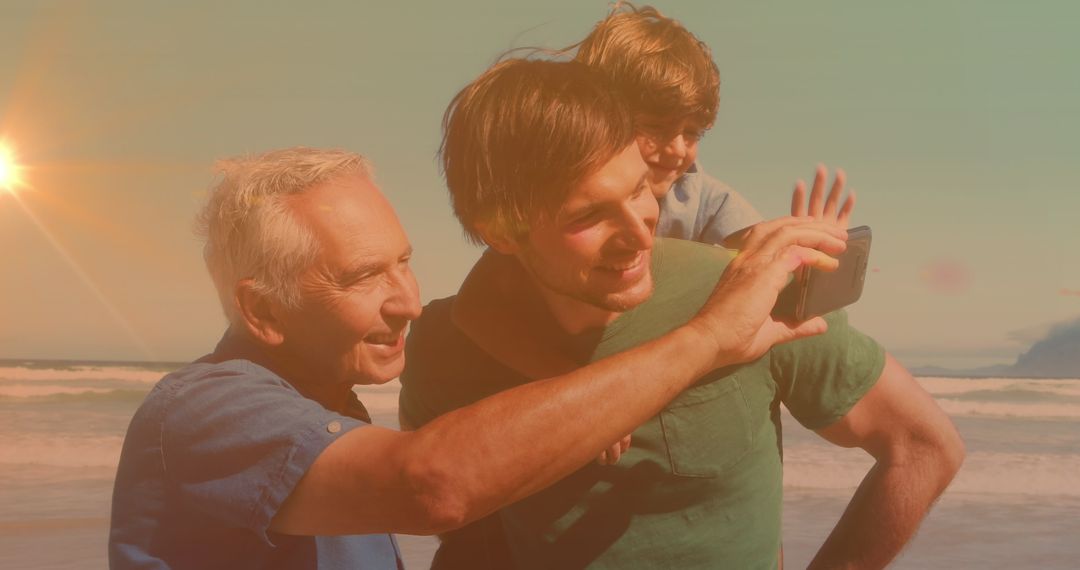 Happy Multigenerational Family Taking Selfie on Sunny Beach