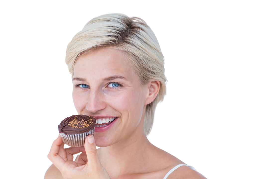 Woman enjoying chocolate muffin with smiles on transparent background - Download Free Stock Images Pikwizard.com