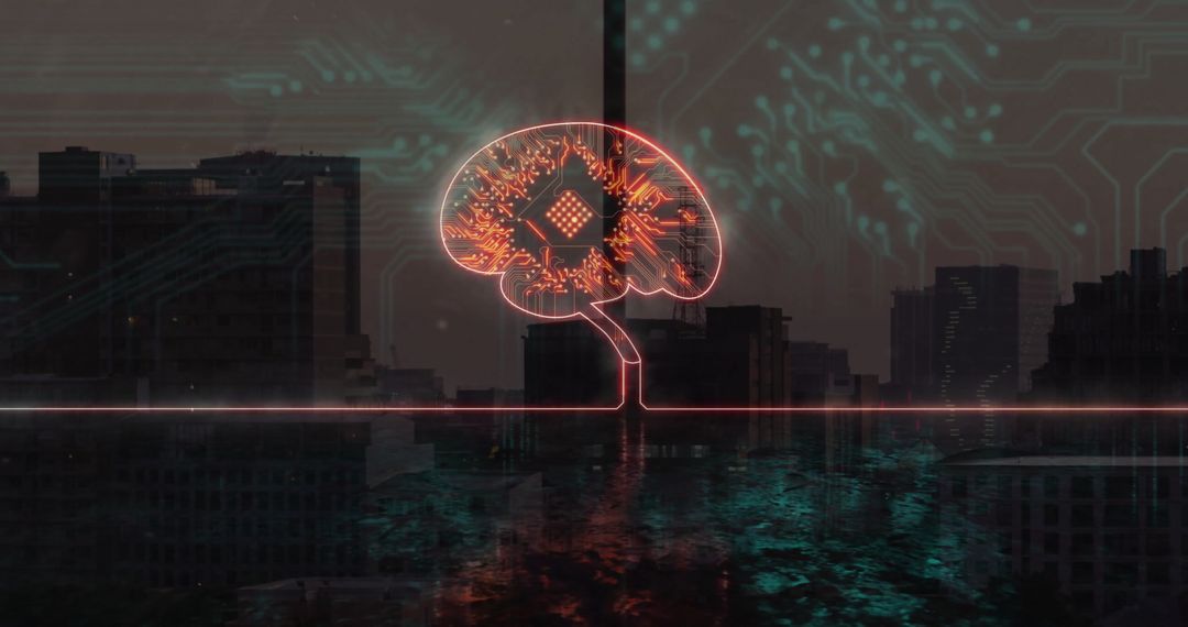 Glowing Neon Brain Hovers Above Twilight Urban Skyline