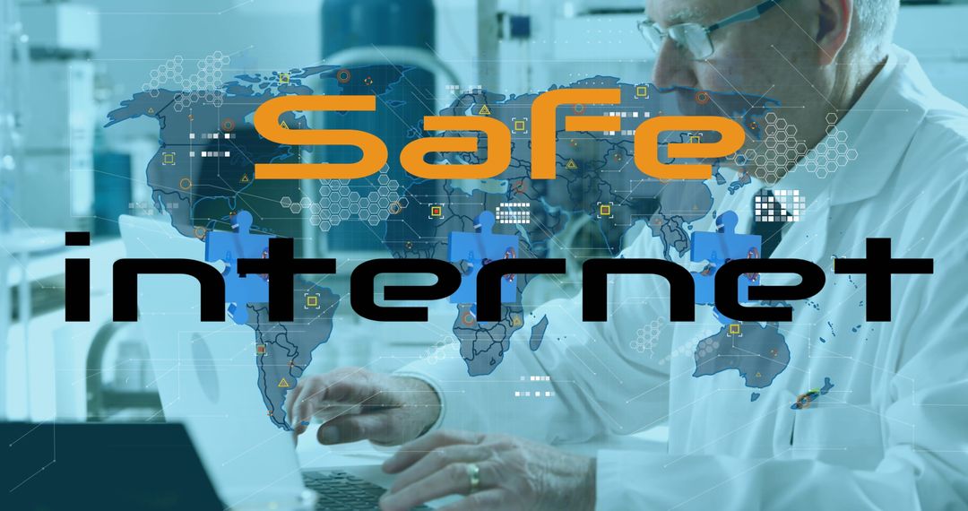 Scientist in lab emphasizing internet safety with global connectivity