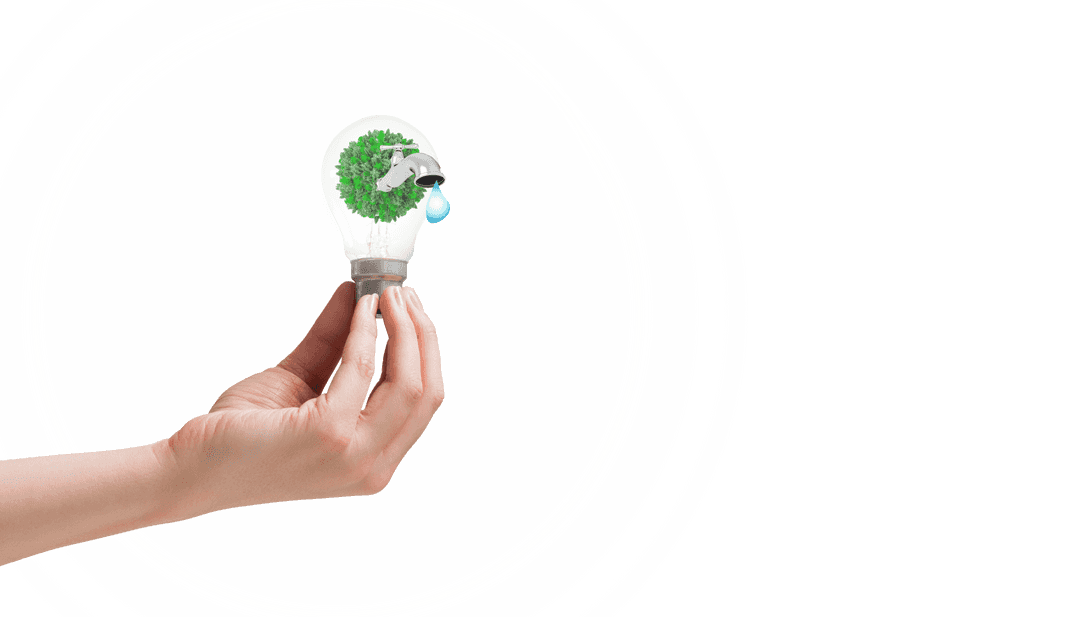 Hand Holding Transparent Light Bulb with Water Tap & Green Energy Symbol