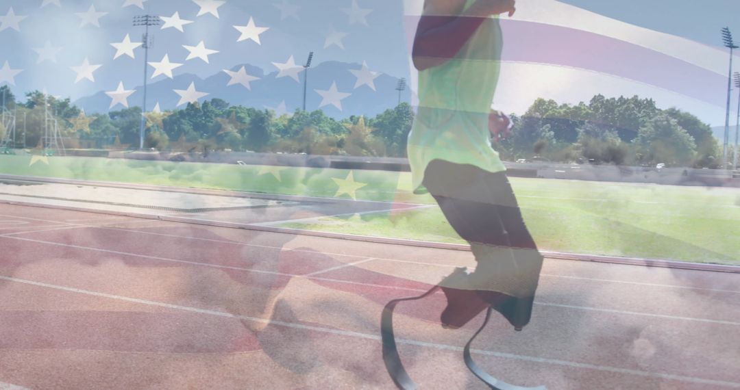 Amputee Athlete Sprinting with US Flag Overlay on Running Track