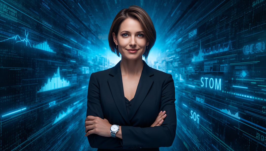Confident Female Tech Executive Leading AI Analytics with Futuristic Holographic Dashboards