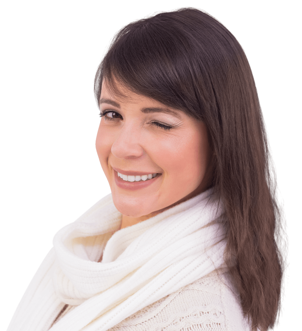 Brunette Woman Smiling Warmly in Winter Attire on Transparent Background