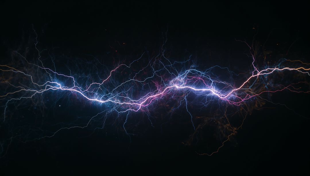Neon Lightning Bolt with Arcing Filaments in Dark Void