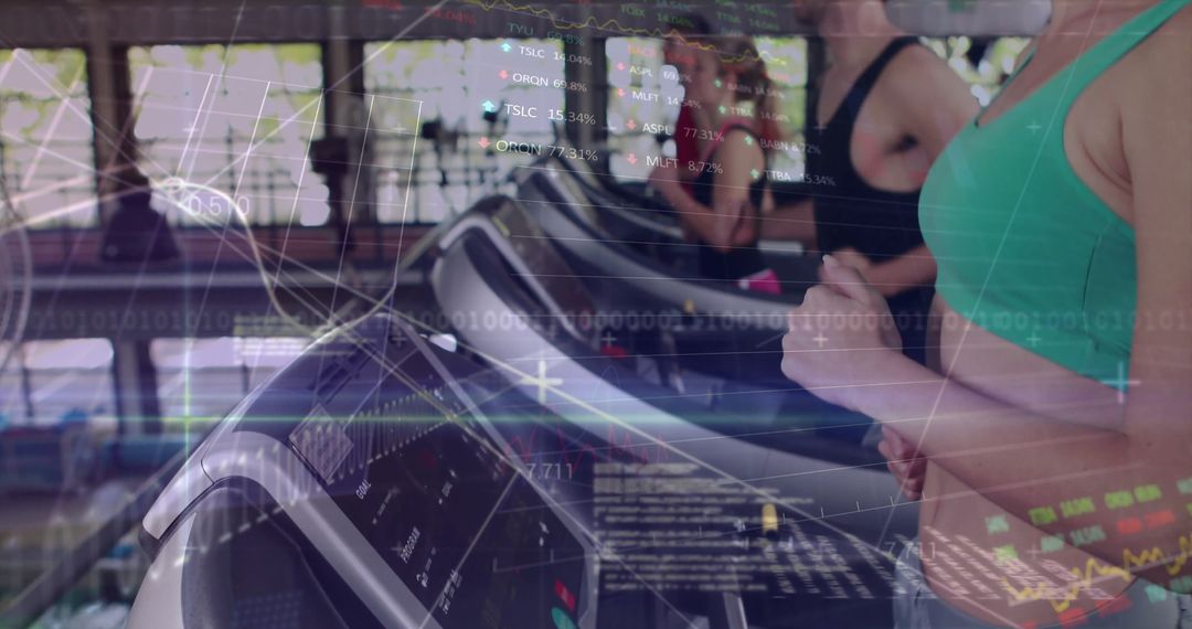 Woman on Treadmill with Futuristic Data Overlay in Gym