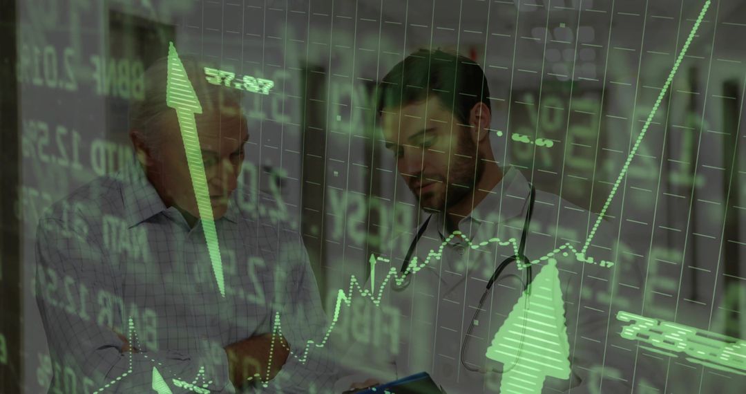 Doctor and Patient Analyzing Stock Market Data on Tablet in Clinic