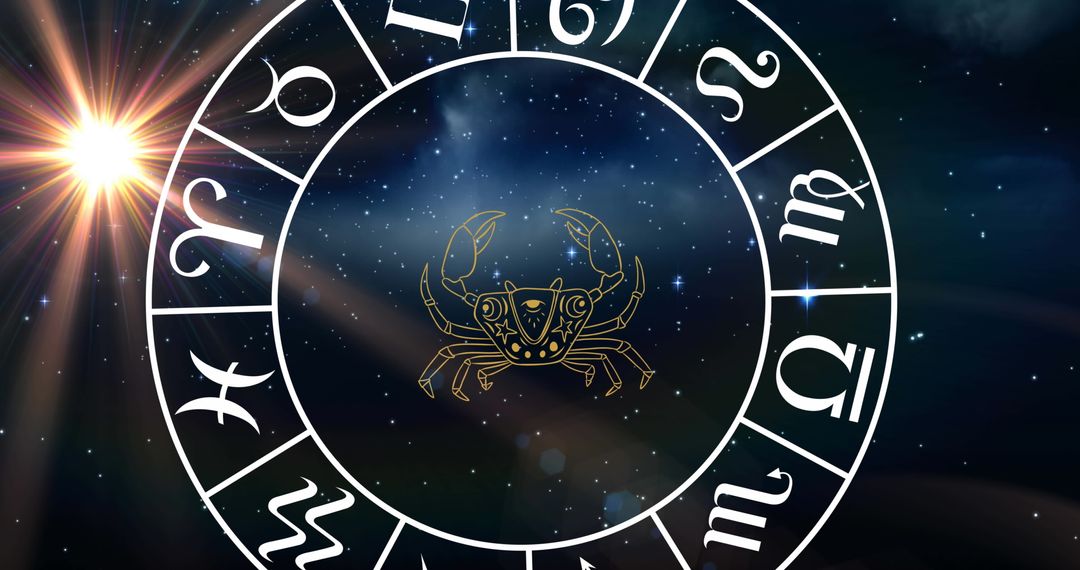 Cancer Zodiac Symbol with Rotating Horoscope Wheel in Starry Night
