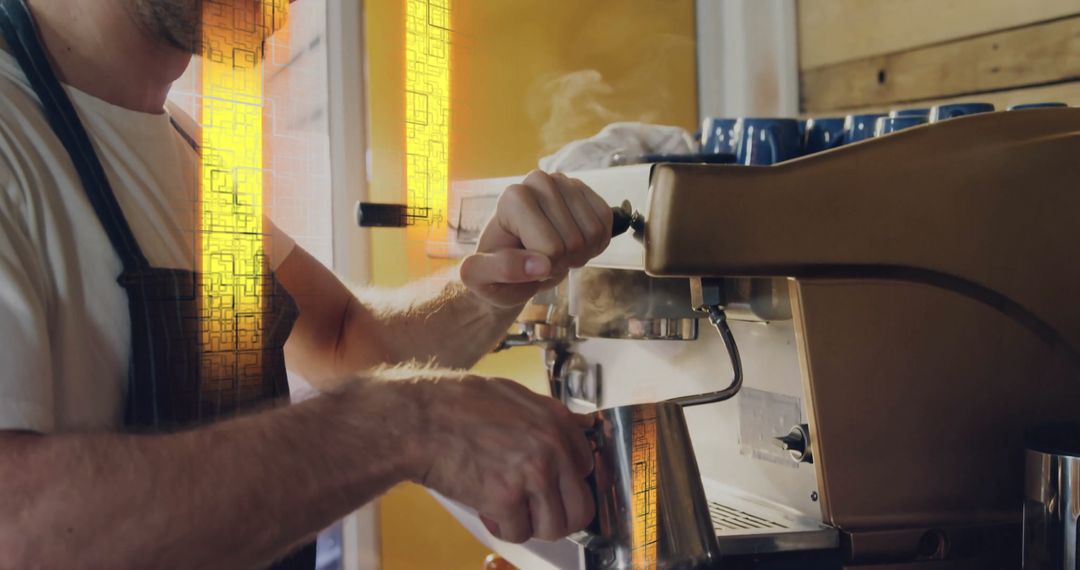 Barista Frothing Milk with Espresso Machine in Bright Cafe