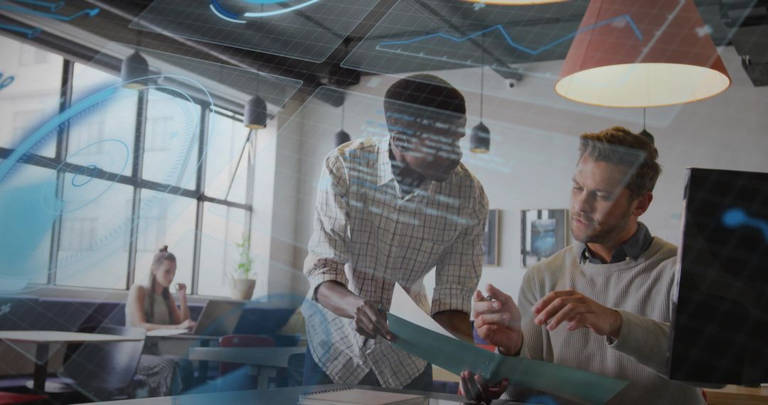 Diverse Team Collaboration in Modern Open-Plan Office with Digital Interactions