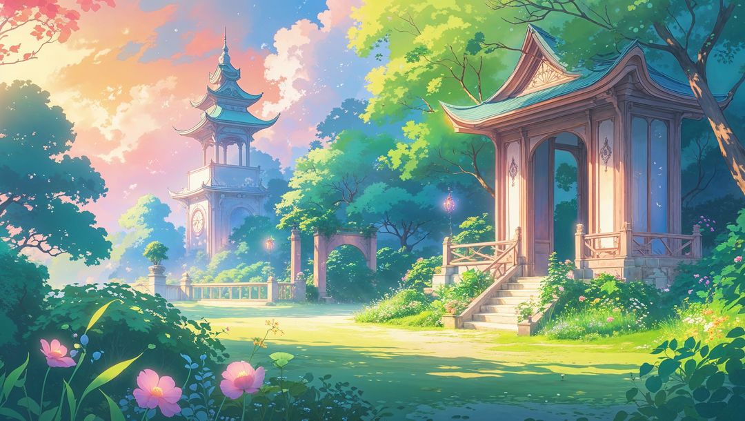 Tranquil anime pavilion and tower in dreamy sunset garden
