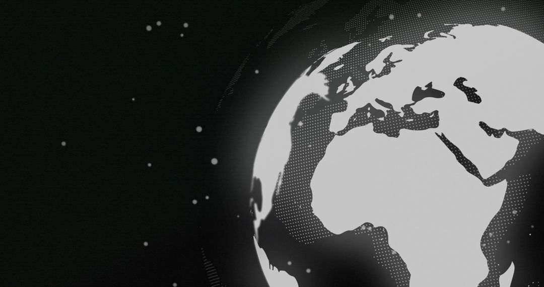 Monochrome Halftone Globe Showing Africa and Europe with Stars, Grain and Futuristic Vignette