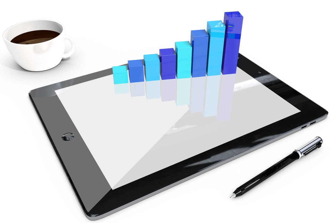 Tablet with Digital Graph and Coffee on Transparent Surface