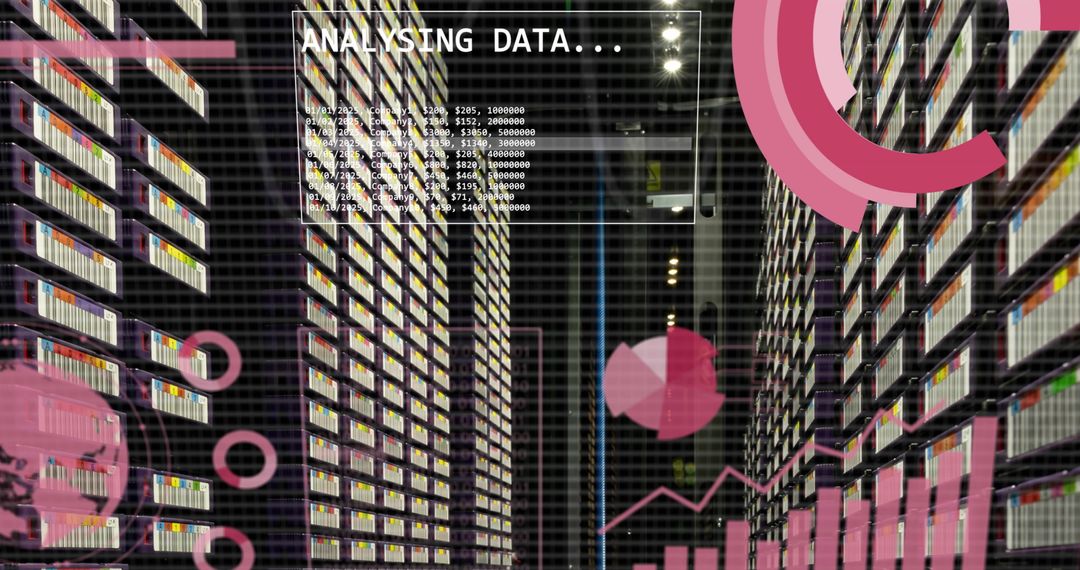 Digital Data Analysis Overlaid on Server Room Background