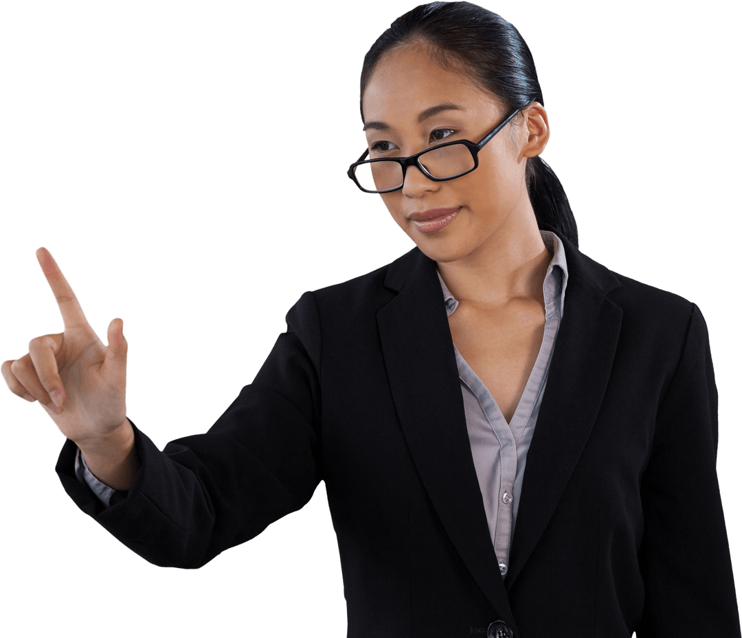 Businesswoman Using Transparent Touch Interface with Concentration