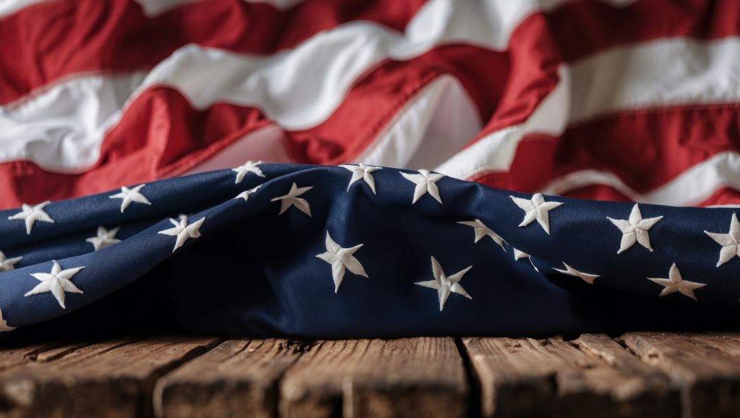 Draped American Flag on Rustic Wood Surface for Patriotism Symbol