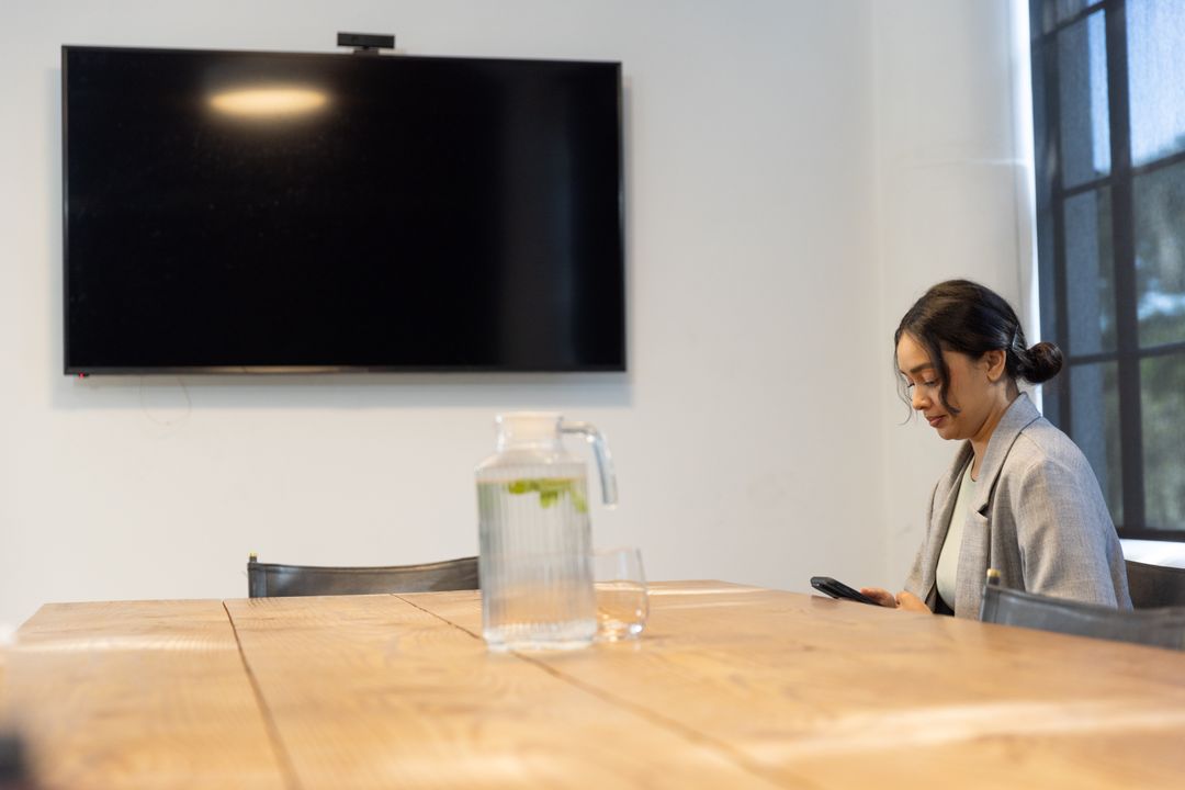 Businesswoman at Conference Table with Smartphone and Refreshments