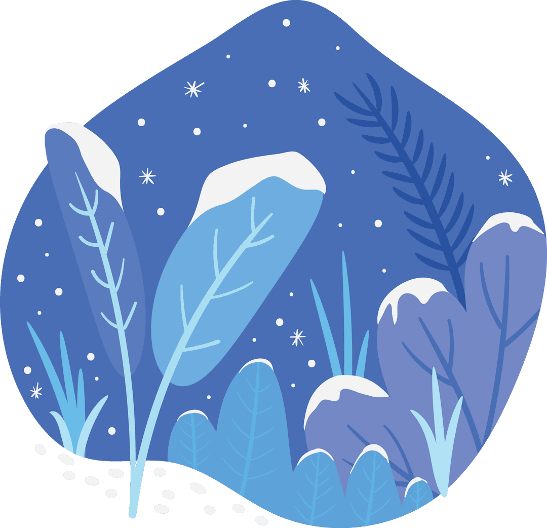 Transparent Winter Night with Snow-Capped Blue Leaves