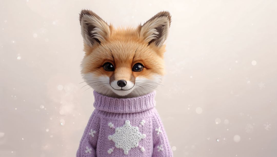 Charming Red Fox Wearing Lavender Knit Sweater with Snowflake Motif, Cute Portrait