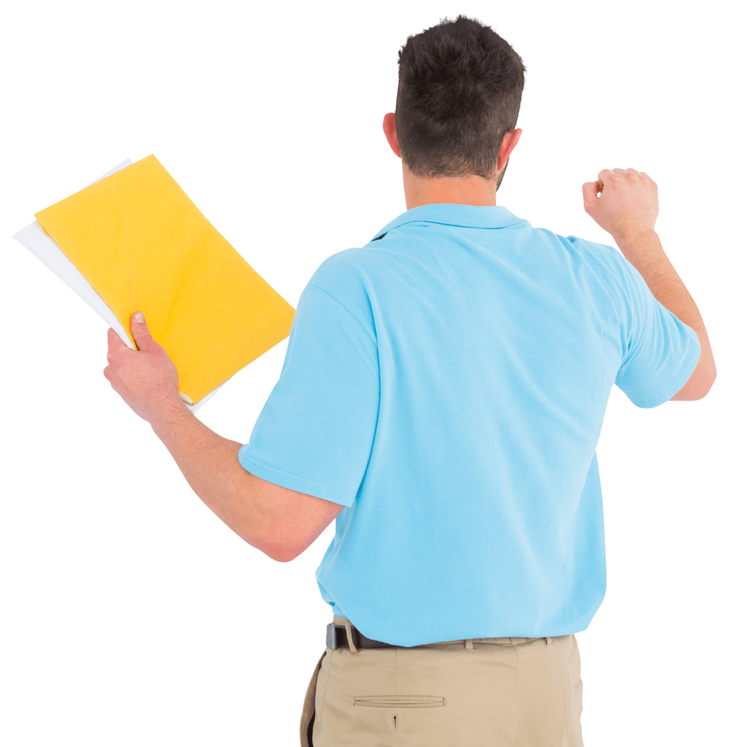 Transparent Delivery Man in Blue Uniform with Envelope Knocking