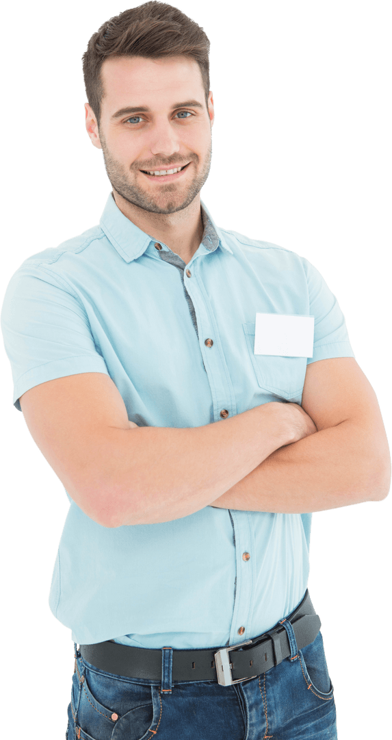 Smiling Delivery Man in Blue Shirt with Name Patch