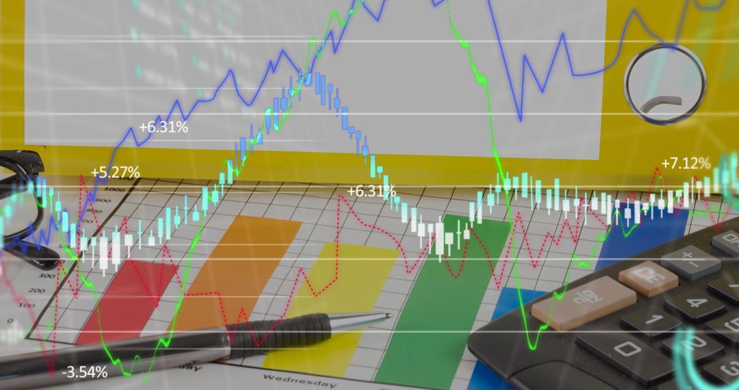 Financial Data Analysis with Charts and Calculator on Desk