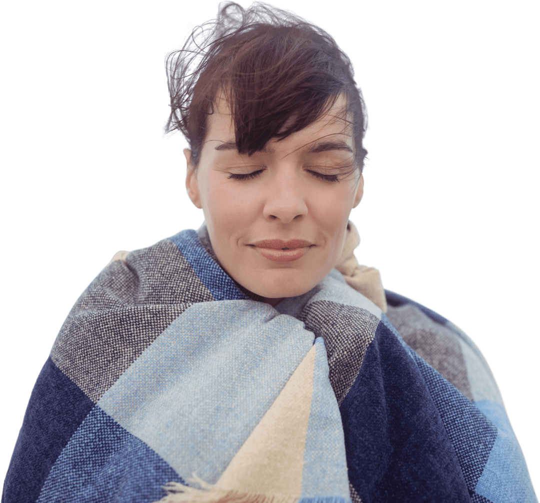 Caucasian Woman Wrapped in Plaid Blanket with Eyes Closed Transparent Background