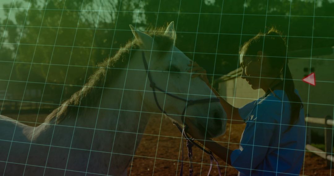 Woman Smiling While Petting White Horse in Equestrian Arena