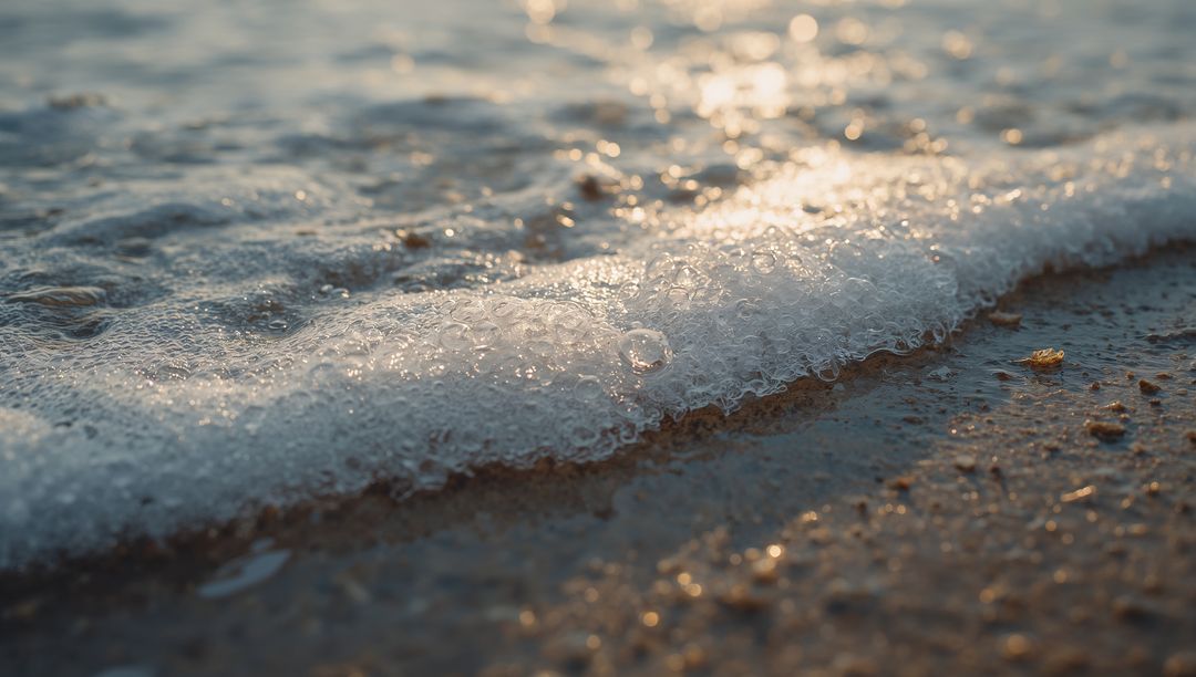 Glistening foamy wave lapping wet sand at golden hour with seashell and pebbles