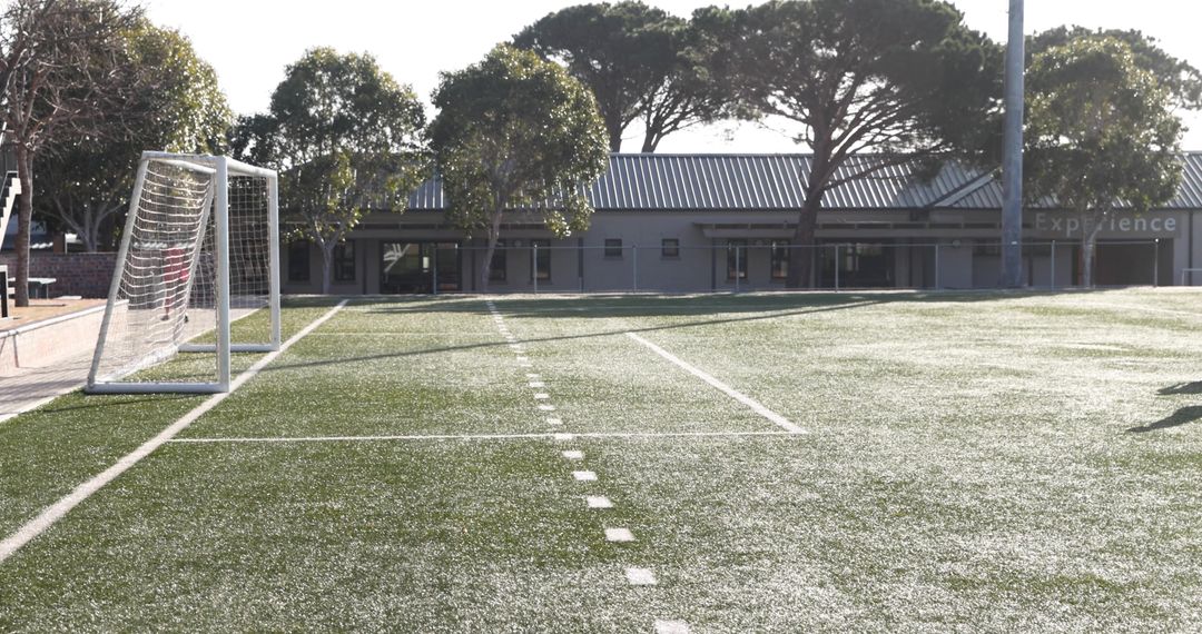 Empty Soccer Field with Goal and Turf under Sunlight