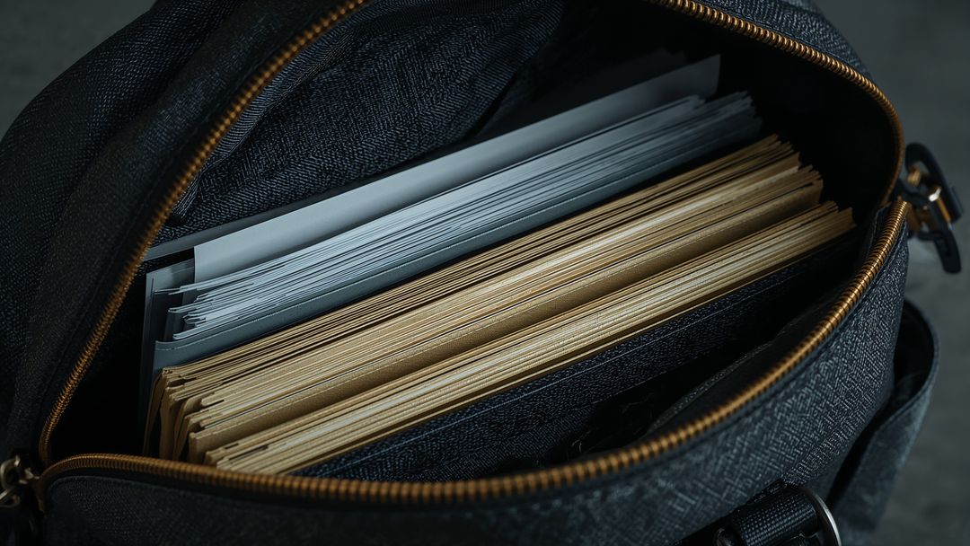 Open Bag with Documents on Grey Office Desk