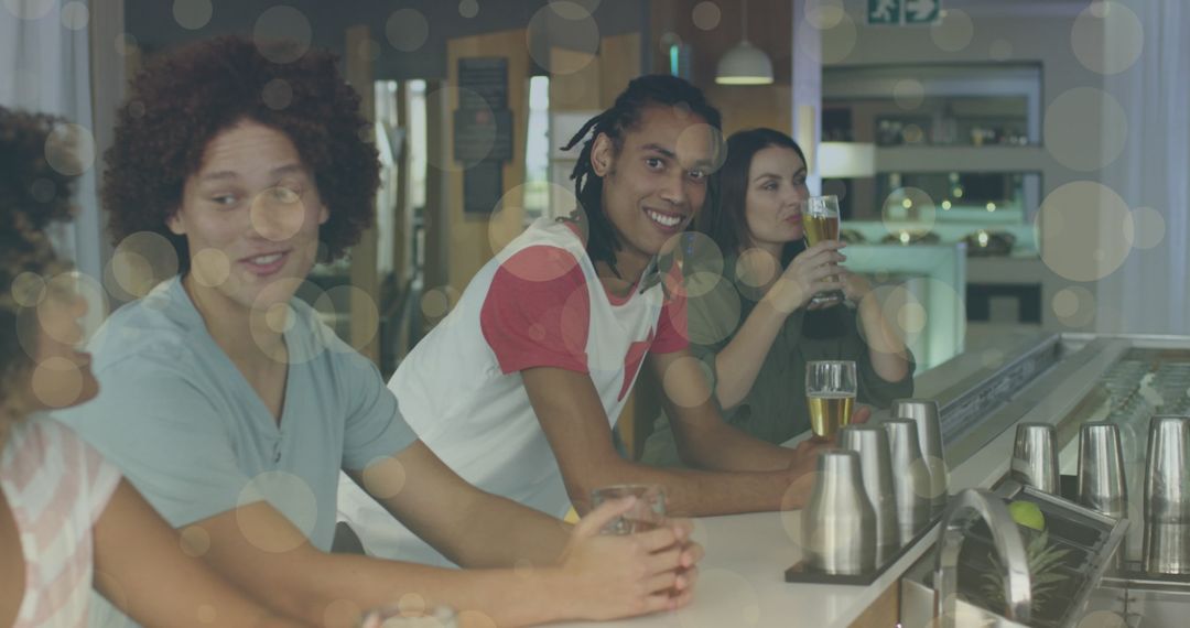 Diverse Friends Enjoying Drinks at a Bar with Overlay Graphics