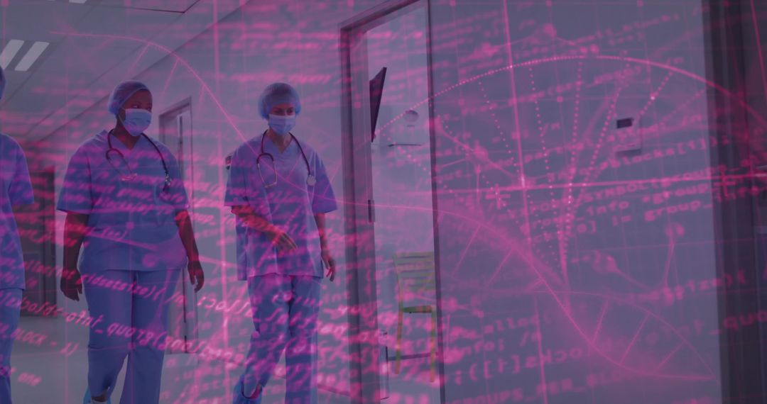 Walking nurse team with magenta data overlay in hospital corridor showing healthcare analytics