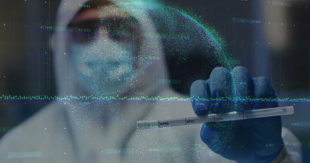 Scientist Holding Specimen Tube with Holographic Data Visuals