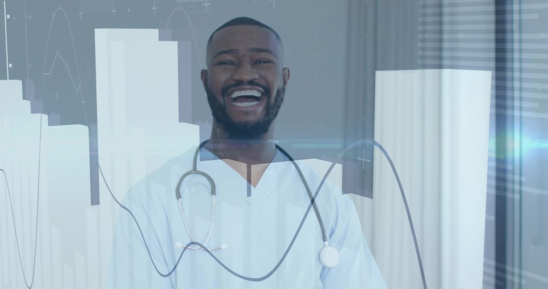 Smiling Doctor in Clinic with Health Data Overlay