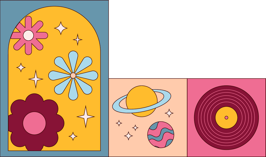 Transparent Abstract Art with Flowers Planets and Record in Retro Style