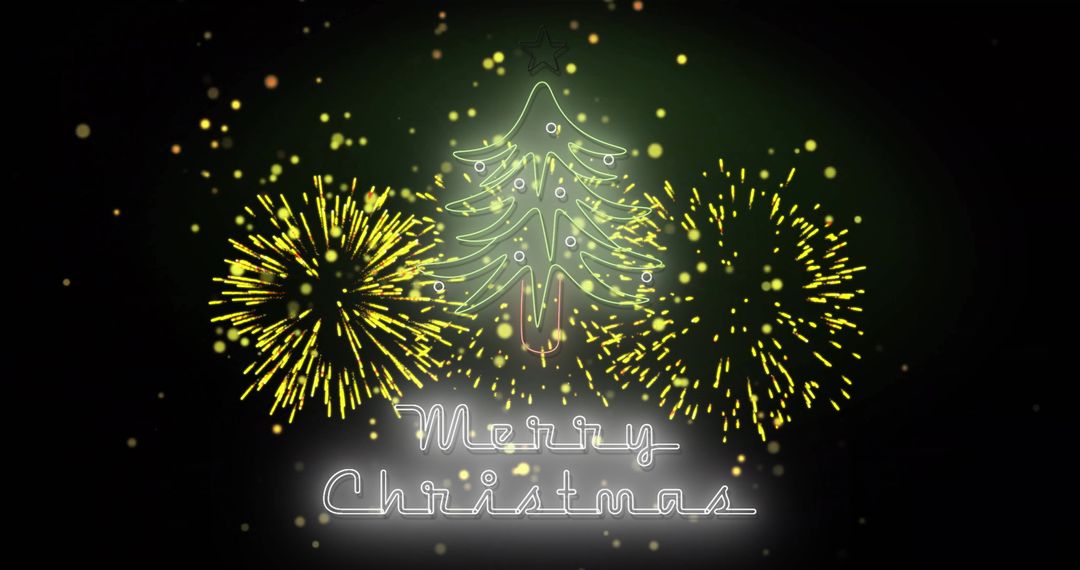 Bright Christmas Celebration with Fireworks and Neon Tree