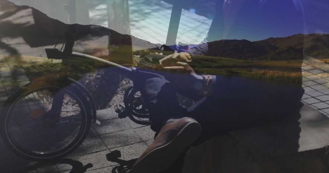 Man Using Power Wheelchair with Scenic Mountain Lake Reflection