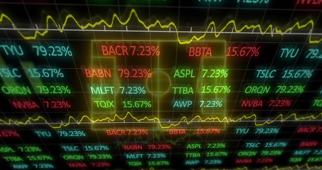 Glowing Neon Stock Ticker Scrolling Symbols and Percentages with Live Market Line Graph