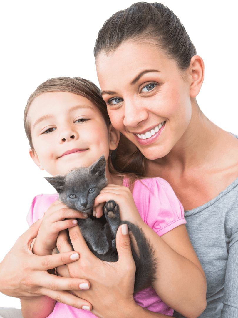 Happy Mother and Daughter Smiling with Gray Kitten on Transparent Background