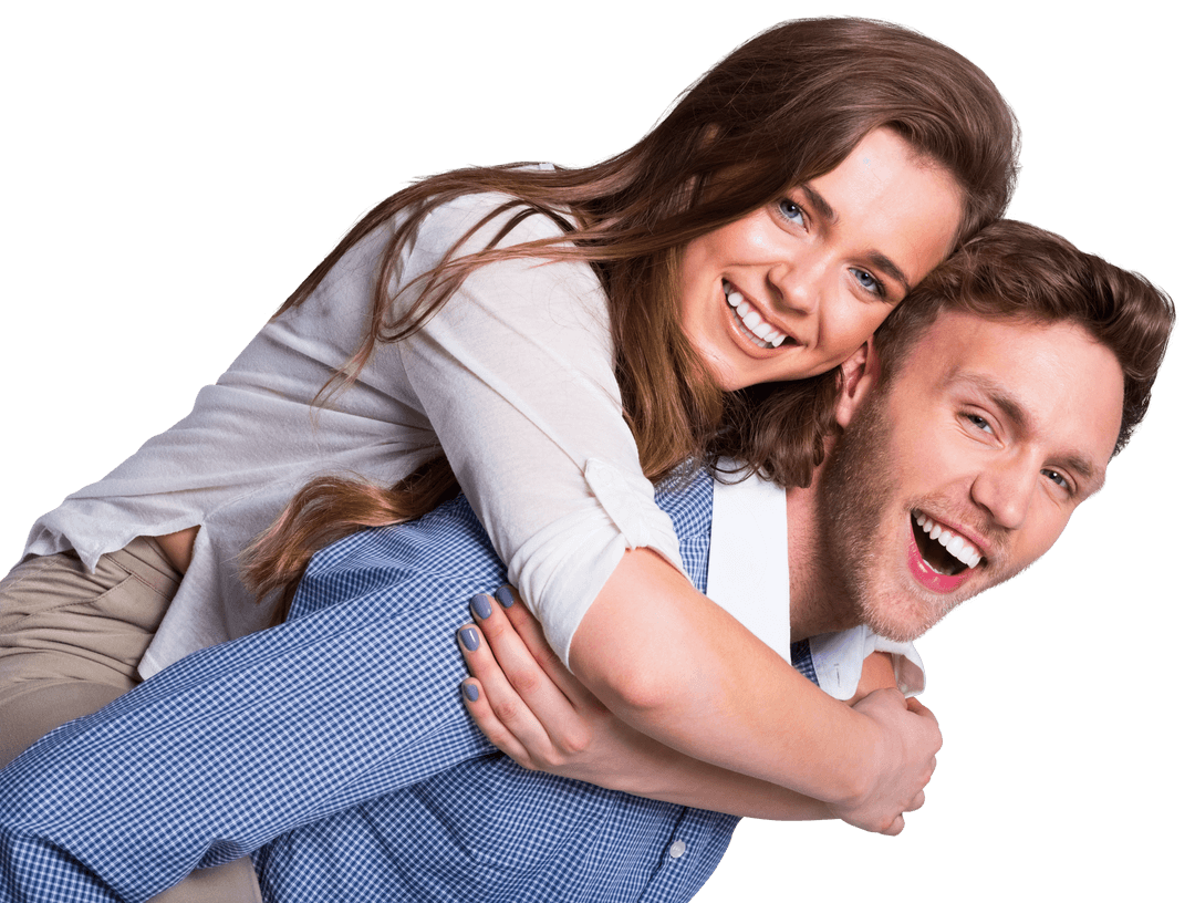 Joyful Couple with Woman on Back, Engaging in Fun Transparent Smiles