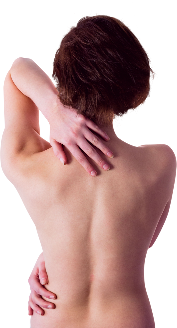 Transparent nude woman touching neck indicating pain relief or discomfort - Download Free Stock Images Pikwizard.com