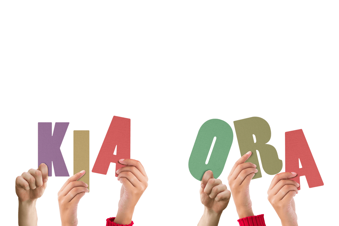 Transparent Hands Holding Letters Spelling Kia Ora in Maori