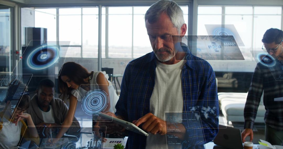 Businessman Using Tablet with Holographic Interfaces in Office