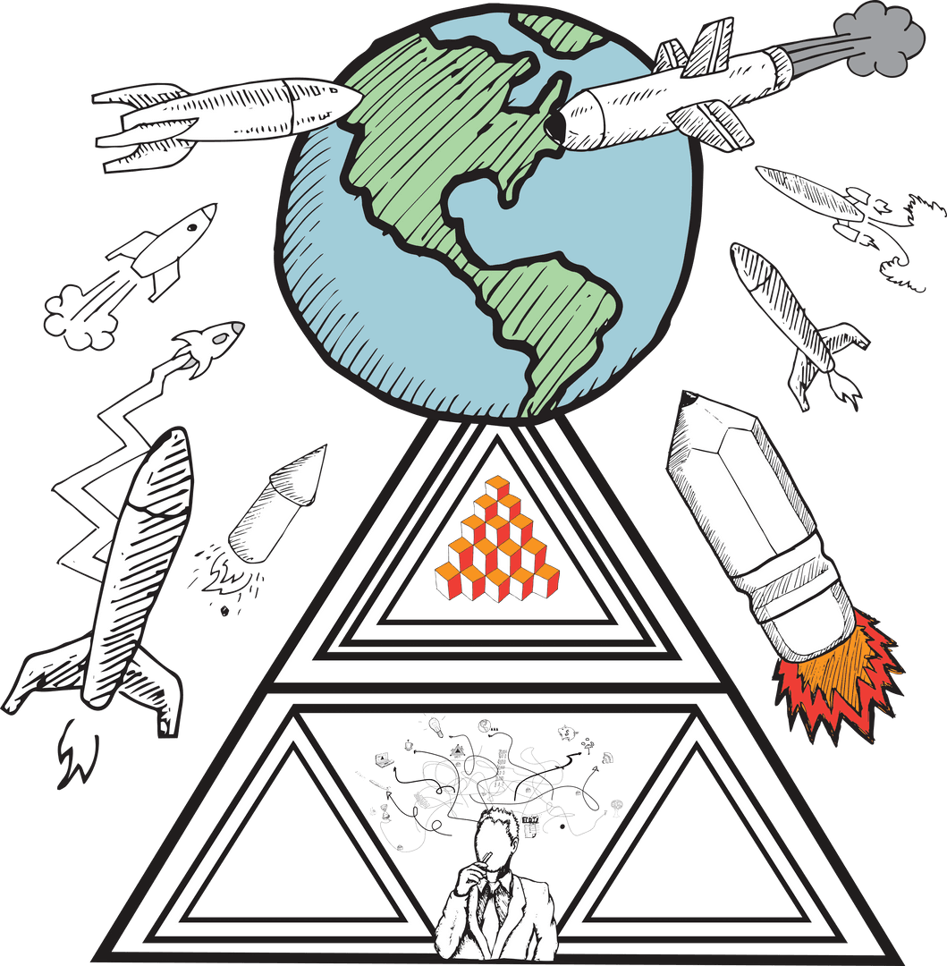 Transparent Illustration of Globe with Rockets and Triangles on Transparent Background