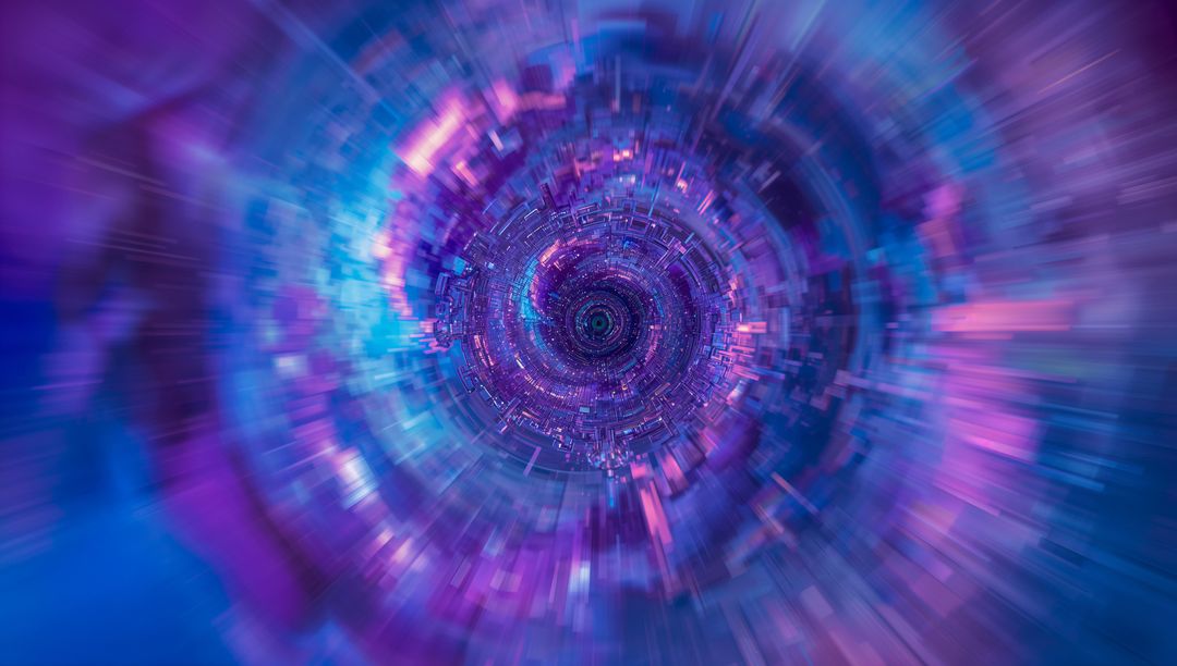 Futuristic Data Tunnel with Glowing Pixel Fragments